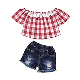 Aliciga 子供服 女の子 セットアップ 半袖 肩出し トップス + ジーンズ 2点セット ベビー服 デニム ショートパンツ チェック柄 新生児 肌着 かわいい 夏 ファッション 人気 通園 通学