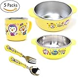 Pororo キャラクター 5セットステンレス製の食器 セット/滑り止めシリコン/2大小ボウル 汁椀カップ/赤ちゃんの男の子と女の子のためのフォークスプーン/子供 赤ん坊の ベビー 幼児 おやつケース