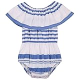 Happyハッピー耳　ベビー　ロンパース　女の子　夏　蓮葉襟　ベルスリーブ　ベアトップ　フリル　ストライプ　ブルー　ホワイト　可愛い　０－２４ヶ月設定　70　80　90　100 (80)