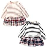 (ネイビー/90cm)ベビー服 女の子 ドッキング ワンピース 長袖 ジャガード天竺 和ペン装飾 リボン装飾 裾レース ボーダー チェック 女児 ベビー