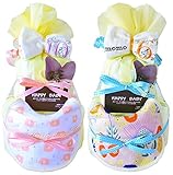 リボン おむつケーキ 日本製 ナンバー タオル 名入れ ビブ 出産祝い 男の子 女の子 (パンパースM, 001)