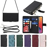 Eastwave アイフォンfor iPhone 12 / 12 Pro ケース for iPhone12 12pro 縄掛けケース 手帳型 財布型 ICカード コインポケット ストラップ付き カード 収納 小銭入れ ファスナーポケット付き PUレザー 6色 ブラック