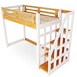 ロフトベッド 木製 天然木 階段 左右対応 宮棚 北欧パイン すのこ シングル ホワイト/ライトブラウン