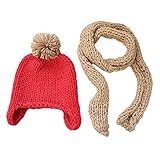 ニット帽 子供キッズ 可愛い ニット帽子 スカーフセット 女の子 男の子 ニットキャップ 秋 冬 防寒通学 (レッド)