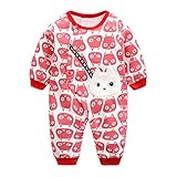 エルフ ベビー(Fairy Baby)新生児服 カバーオールロンパース 前開き 長袖 四季兼用 可愛い猫柄 レッド 70cm