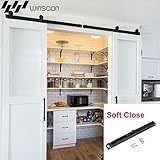WinSoonトップマウントブラックT Shapedホイール素朴な納屋木製ドア内部クローゼットスライドダブルドアトラックハードウェアキットwithソフト閉じるシステム 6FT GCM2670-S-1