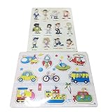 【KUENTAI】木製パズル 子供 知育玩具 数字・図形・果物・野菜・動物・×数字 アルファベット カラフル プレゼントにも おもちゃ キッズ 赤ちゃん (人と乗り物)