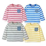 (ピンク/90cm)ベビー服 男の子 女の子 Tシャツ 長袖 綿100% ボーダー柄 胸ポケット イカリプリント スナップボタン 男児 女児 ベビー