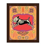 Calavera Pup :グラフィックタラベラ図面のPlaying Jumping Dog withボールon境界線、花& Roses Onレッド&ゴールド壁アートプリント 20x24 DOG000
