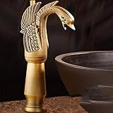 awxjx Washroomシンクミキサータップ銅ヨーロッパレトロスタイルホットとコールドゴールドSit Swan洗面台シングルハンドル1つ穴