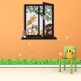 Walplus Removable Wall Stickers Window View Of Animal Friend + Little Chick Grass, Nursery Kid's Roo