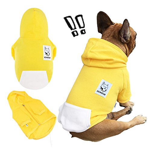 iChoue 犬の服 フレンチ ブルドッグ パグ 子犬 パーカー ジップ オーバー フード付き シャツ 黄色 イエロー コーギー 中型犬 おしゃれ S