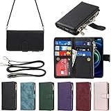 Eastwave アイフォンfor iPhone 12 Mini ケース for iPhone 12mini 縄掛けケース 手帳型 財布型 ICカード コインポケット ストラップ付き カード 収納 小銭入れ ファスナーポケット付き PUレザー 6色ブラック