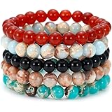 BOMAIL 5PCS Semi-Precious Gemstone Bracelet - Healing Crystal Stone Beaded Bracelets for Women Men 8mm Round Beaded Stretch B