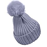 Plus Nao(プラスナオ) 子供用 ニット帽 ファーボンボン付き リブニット ワッチ ビーニー ニットキャップ キッズ ジュニア シンプル 無地 女 - グレー