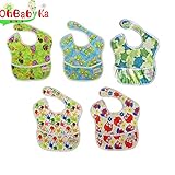 Ohbabyka5点セット ビブ お食事エプロン スタイ よだれかけ スーパービブ 防水 袖なし 保育園 ベビー用エプロン 給食 ポケット付き 赤ちゃん用エプロン 離乳食エプロン (SZY030711