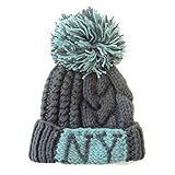 ( YUNA ） ユナ 手編み ビック ボンボン ツートン リブ編み NY ロゴ ニット帽　48～58cm くらい まで　（　グレー ) ニット帽 キッズ ベビー キャップ ニット帽子 子ども 男の子