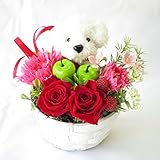 誕生日プレゼント 女性 花 プリザーブドフラワーのバラと アートフシャルフラワー（造花）の パピー トイプードル（高さ約７ｃｍ） の フラワーアレンジメント ホコリも安心のクリアケース入り サンモクス