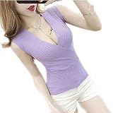 [What's!?] メンズエステ メンエス 衣装 ノースリーブ レディース ニット デコルテ Vネック トップス カシュクール 胸元 セクシー (パープル)