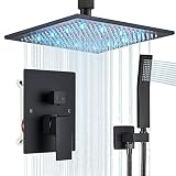 12インチ 天井マウントシャワー蛇口セット コンプリートシャワーシステム LEDレインフォールシャワーヘッドシステム ラフインバルブボディとトリム付属 マットブラック