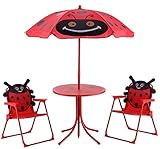 K & A会社Kidsパティオ折りたたみ式テーブルと椅子セットBeetle with Umbrella新しいアウトドアインドアレッド
