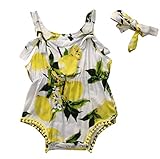 CANIS　女の子　ロンパース　レモン　プリント　花柄　ティアラ付き　ヘアアクセサリー　夏　イエロー　ボンボン　ノースリーブ　パンツ　リボン　可愛い (70)