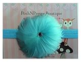 3 Feather Flower Rhinestone baby PoshNPretty headband - Aqua by PoshNPretty
