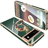 Google Pixel6A ケース リング付き グーグル ピクセル 6A リング カバー 耐衝撃 TPU メッキ加工 360°回転 スタンド機能 車載ホルダー ストラップホール付き(ダークグリーン)