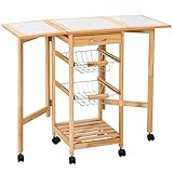 Costway バタフライワゴン タイルトップワゴン キッチンワゴン 折りたたみ式 ワゴン タイル天板 取り外しトレー キャスター付き