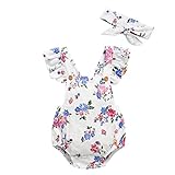 Cutelove 2017年新品　夏　女の子　赤ちゃん　ボディスーツ　ジャンプスーツ　花柄 プリント ロンパース 　三角　二点セット　ヘッドバンド付き