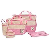 多機能 親子バッグ マザーズ バッグ 5点セット 収納鞄 哺乳瓶袋 弁当袋 おむつパッド 斜め掛け おむつポーチ お出かけ 旅行用 (ピンク)