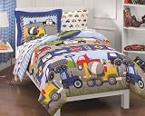 Dream Factory Trucks Tractors Cars Boys 5-Piece Comforter Sheet Set, Blue Red, Twin [並行輸入品]