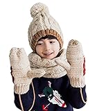 Toyobuy(トヨベイ) 女の子 男の子 キッズ ベビー 可愛い ポンポン ニット 手袋 耳まで 帽子 耳あて付 ハット マフラー ネッカチーフ スカーフ 3点セット ブラウン