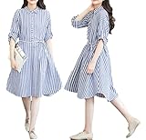 ミウォルナ(Miwoluna) マタニティ シャツ ワンピース 綺麗なブルーホワイトのストライプ ゆったり着れる ウエスト縛り可能 XL