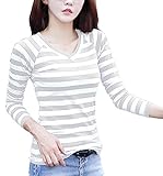 (ル・セリジエ) レディース 長袖 カットソー ボーダー ロング Tシャツ Vネック きれいめ ライン カジュアル (グレーL)