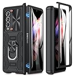 Caka Galaxy Z Fold 3 ケース スライドカメラレンズカバー付き、内蔵キックスタンドリングホルダー強化ガラススクリーンプロテクター、Samsung Z Fold 3 5G用磁気ケース(ブラック)