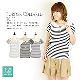 ミルフェルム レース衿付きボーダートップス 授乳服 マタニティ 半袖 L 杢グレー系(07)