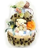 ヒョウ柄ファーのテディベアおむつケーキ【お洒落なグリーンリボン】2段オムツケーキ フワフワお洒落な豹柄 L