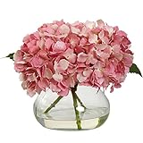 ほぼ自然Blooming Hydrangeaシルクフラワーのガラス花瓶 ピンク 1356-PK