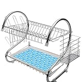 ステンレス製食器棚2段、キッチン用食器棚ドレーナーラックホルダードレンラック食器乾燥ラック飛行機、ふくらんでいる白い雲と破線の子供の頃のテーマ、ブルーホワイトの間を飛んでいる青い複葉機ステンレス製食器棚キッチンドライドリップトレイカトラリー