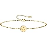MOMOL Initial Charm Bracelets, 18K Gold Plated Stainless Steel Dainty Small Round Coin Disc Initial Bracelet Engraved Letters