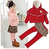 (韓国スタイル子供服 ) キッズセットアップ女の子ボンボン付きケープコートパーカー＋ヒョウ柄スカート付き 長パンツ裏起毛100 110 120 130 140 pink,140cm