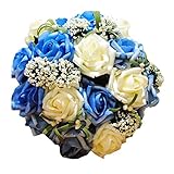 ロマンチックなウェディングブーケ 結婚式ブライダルブーケ 人工花、 青いバラ 結婚式の花嫁のブーケ 人工花束