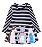 (フィーショー)FEESHOW ワンピース 女の子 子供服 おしゃれ 超可愛い 長袖ワンピース トップス 縞柄 お出かけ 通園 通学 キッズ ベビー ネイビーブルー 6-7