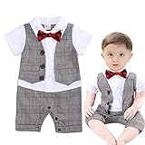 Asiso ベビー服 カバーオール 男の子 フォーマル ロンパース チェック柄 半袖 蝶ネクタイ付き 入園式 卒園式 お宮参り お食い初め (70, グレー)