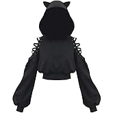 [YEMOCILE] レディース ファッション 猫耳 パーカー ショート丈 ゆったり 肩出し トップス 韓国系 ストリート系 フード付き トレーナー 大きいサイズ 黒