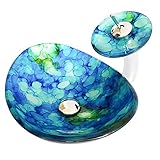 Homelava 彩色上絵洗面ボール 強化ガラス製手洗い器 青泡 排水金具付き＆蛇口セット 径41cm (青泡)