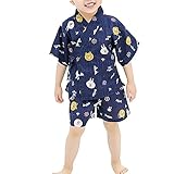 KUUQA 甚平 綿 上下セット 男の子 女の子 兼用 キッズ こども 浴衣 子供服 着物 和服 花火 お祭り パジャマ 選べる2色[紺、白] 4サイズ[100 110 120 130 cm]
