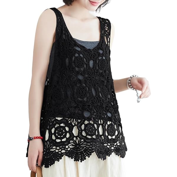 Amazon | [Qian qian] ベスト レディース レース 透かし かぎ U