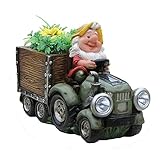 SINTECHNO SNF15177-2 Solar Powered HeadLight Of Gnome Truck Sculpture with Flower Pot, by SINTECHNO